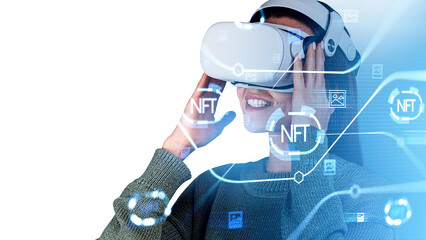 Businesswoman in vr helmet is watching at digital interface