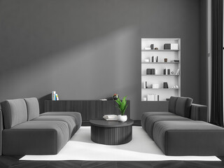 Grey living room interior with couch and decoration on shelf, mockup