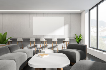 Light cafe interior with bar chairs, couch and near window. Mockup whiteboard