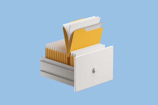 Stack of files in white shelf on light background