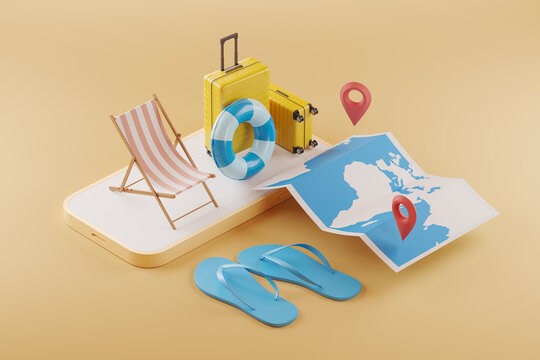 Smartphone screen and vacation accessories for traveling. Mockup
