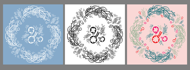 Vector decorative composition with stylized forest plants in different color variations. Abstract hand drawn elements of nature.