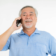 Senior Male , old man using a smartphone , smiling feel happy on white background - lifestyle senior concept