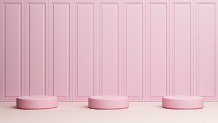 stand podium classic luxury cornices colonial style decorating wainscot wall panel partition pink light pastel form lining interior display. platform fashion cosmetic beauty products. 3D Illustration.