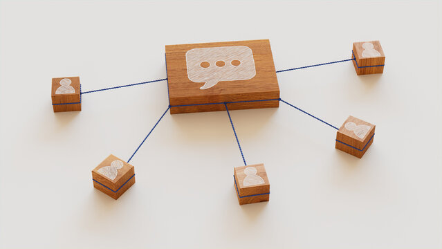 Text Technology Concept with sms Symbol on a Wooden Block. User Network Connections are Represented with Blue string. White background. 3D Render.