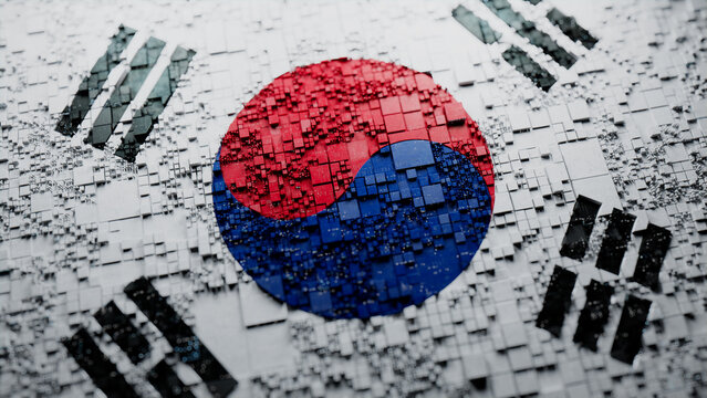South Korean Flag rendered as Futuristic 3D blocks. South Korea Network Concept. Tech Wallpaper.