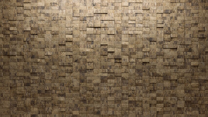 Polished, Rectangular Mosaic Tiles arranged in the shape of a wall. Natural Stone, Semigloss, Bricks stacked to create a 3D block background. 3D Render