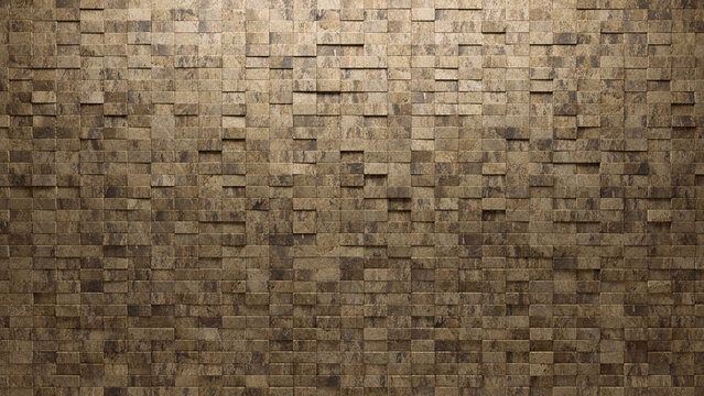 Polished, Rectangular Mosaic Tiles arranged in the shape of a wall. Natural Stone, Semigloss, Bricks stacked to create a 3D block background. 3D Render
