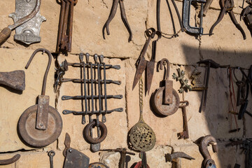 Old rusty tools, homeware and iron souvenirs for sale at bedouin flea market