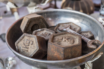 Set of a rusty weights at flea bedouin market