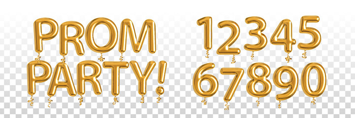 Vector realistic isolated golden balloon text of Prom Party with set of numbers on the transparent background. © comicsans