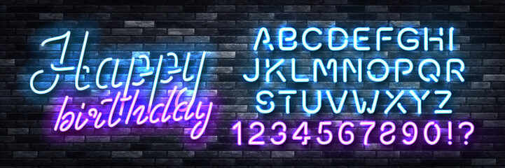 Vector realistic isolated neon sign of Happy Birthday with easy to change alphabet font on the wall background.