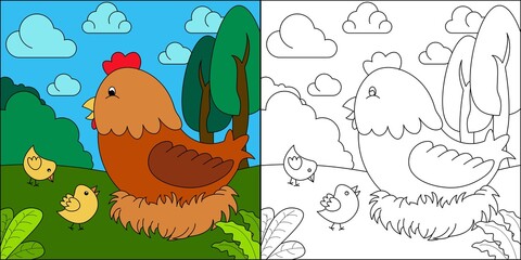Mother hen and two chicks suitable for children's coloring page vector illustration