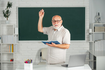 Senior teacher with books and chalkboard. Old smiling professor on lesson at college. Aged male...