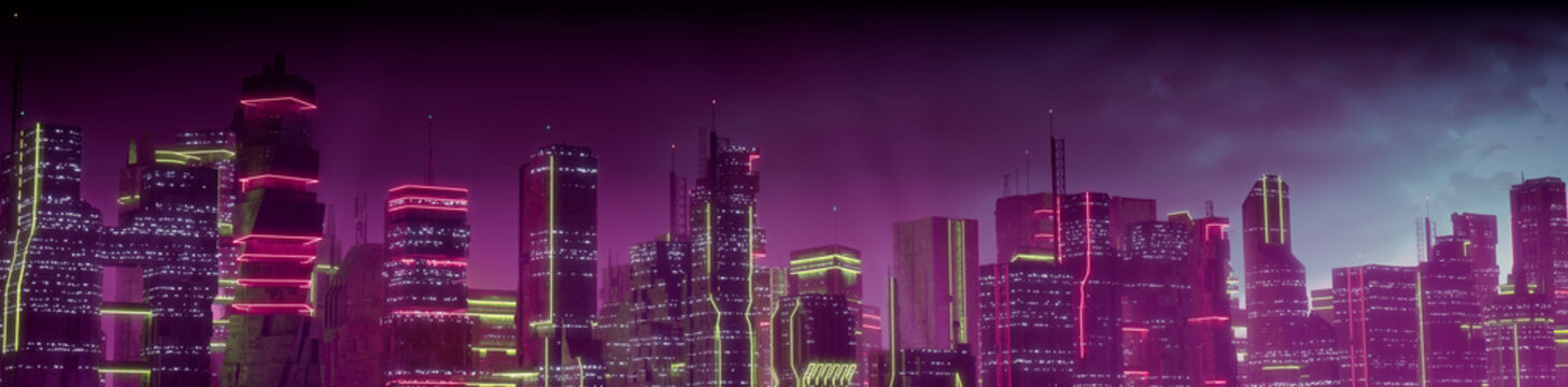 Cyberpunk Metropolis with Pink and Yellow Neon lights. Night scene with Advanced Architecture.