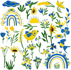 Big set elements in yellow and blue colors, leaves, flowers, sunflower, wheat, rainbows, bird. Sunny days. Heart and love in Ukraine. Boho style. Vector illustration