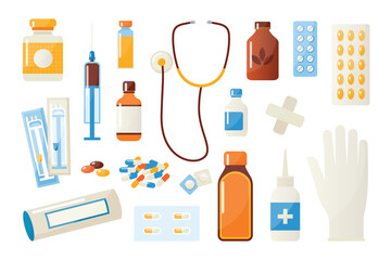 Medical collection. Cartoon drugs in bottles. Pills blisters. Prescription antibiotic. Painkiller medications and vitamin capsules. Stethoscope and syringe. Vector remedy tablets set