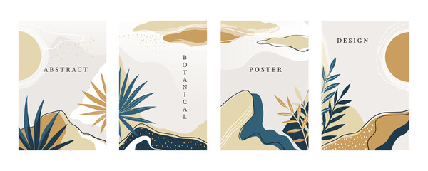 Fototapeta na wymiar Abstract organic posters. Minimalistic banners with leaves and flowers. Palm branches. Curve spots and lines. Tropical paradise landscape. Sun and rocks. Vector botanical covers set