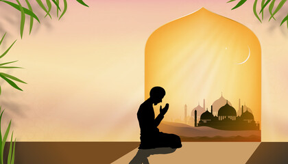 Islamic Silhouette mosque with crescent moon and Muslim man praying, Vector illustration Backdrop of Religion of Muslim Symbolic,Eid al fitr, Ramadan Kareem,Eid al Adha,Eid Mubarak