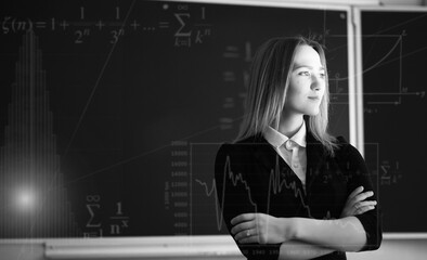 Background with math symbols and teacher in primary school