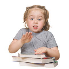 Little girl with books on white background isolate