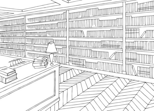 Library interior graphic black white sketch illustration vector 