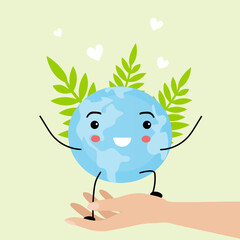 Cute happy smiling earth planet illustration on hand. Vector flat cartoon character icon. Isolated on white background. Plants, ecology, garbage sorting, earth saving concept
