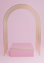 Light, pastel, lavender pink 3D rendering minimal product display cube podium or stand with luxury gold arches and golden lines. Simple background abstract composition.