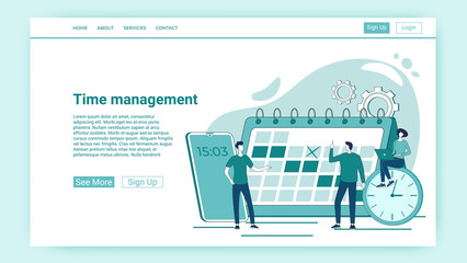 Time management.People on the background of the calendar plan business tasks.An illustration in the style of a green landing page.