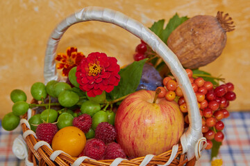fruit basket top view,fruit basket with summer harvest