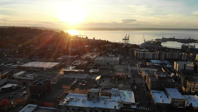Sunset Over Everett, Washington State, Downtown, Aerial View, Amazing Landscape