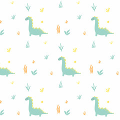 Childish seamless pattern with dinosaurs. Hand-drawn pattern with cute dino. Vector illustration. The pattern is suitable for fabrics, wrapping paper and prints.