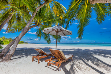 Sunny tropical beach nature, summer island with lounge chairs and palm tree leaves. Amazing sea view, horizon. Luxury travel landscape, beautiful destination scenic, exotic vacation or couple holiday