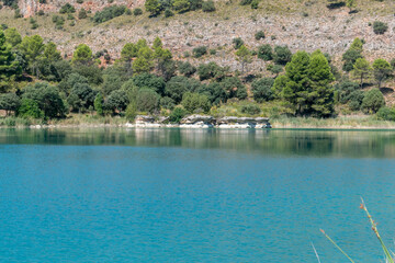 natural park of the lagoons of ruidera with green and blue colors of its waters in castilla la mancha spain