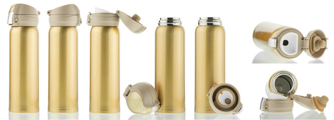 Metal thermos on an isolated background close-up. Thermos lid open, closed, removed. Travel thermo mug for tea or coffee. Clean template for layout. Beverage container.
