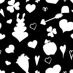 Fototapeta na wymiar Romantic pattern of white hearts and love cupid on dark background for your design of invitations and fabric 