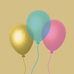 Gold, blue and pink party balloons and gold confetti, 3D realistic illustration, on a gold background, vector.