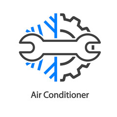 Reparación y servicio de aire acondicionado. Logo con texto Air Conditioner con llave, copo de nieve y rueda dentada con líneas en color gris y azul