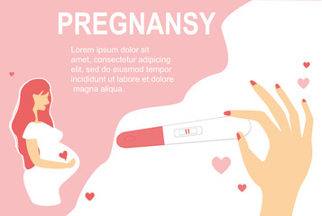 Happy pregnant girl. Positive pregnancy test in hand. Cute illustration in flat cartoon style. Concept of pregnancy and motherhood for website. Design for banner, poster.