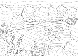 Pond coloring graphic black white landscape sketch illustration vector