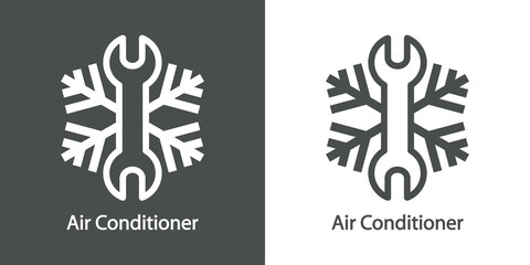 Reparación y servicio de aire acondicionado. Logo con texto Air Conditioner con llave con líneas con forma de copo de nieve en fondo gris y fondo blanco © teracreonte