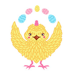 Easter chicken cute vector drawing with eggs. Icon, logo, template, illustration for Easter celebration. 
