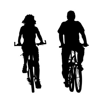 Couple cyclists silhouette isolated on white background. People ride bicycles. Two cyclist riding bicycle front view. Biker family outdoor in bike driving. Urban leisure activities.Vector illustration