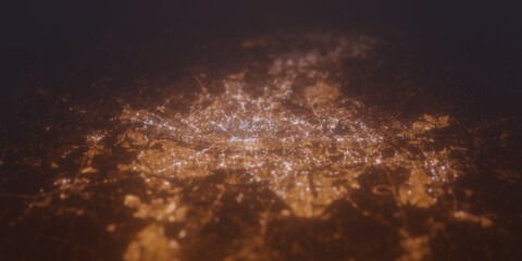 Street lights map of Johannesburg (South Africa) with tilt-shift effect, view from south. Imitation of macro shot with blurred background. 3d render, selective focus