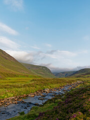 Obraz premium Looking up the Water of Saughs at the start of Glen Lethnot high up in the Angus Glens on a fine Summers Morning.