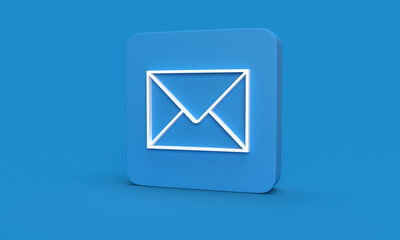 white envelope icon on rounded rectangle against light blue background. 3D rendering