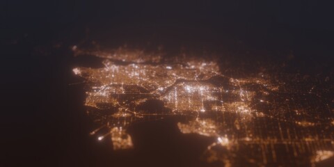 Street lights map of Vancouver (Canada) with tilt-shift effect, view from south. Imitation of macro shot with blurred background. 3d render, selective focus