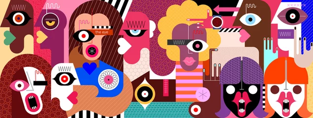 Gardinen Große Gruppe von Menschen. Große Gruppe verschiedener Menschen, die sich treffen und kommunizieren. Farbige horizontale Vektorillustration, moderne digitale Malerei. ©  danjazzia