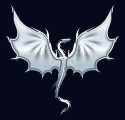 Stylized image of silver Dragon silhouette on dark blue background. Vector illustration template for  print, tattoo, mascot, emblem.
