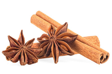 Cinnamon sticks and anise stars isolated on a white background. Spices. Macro.